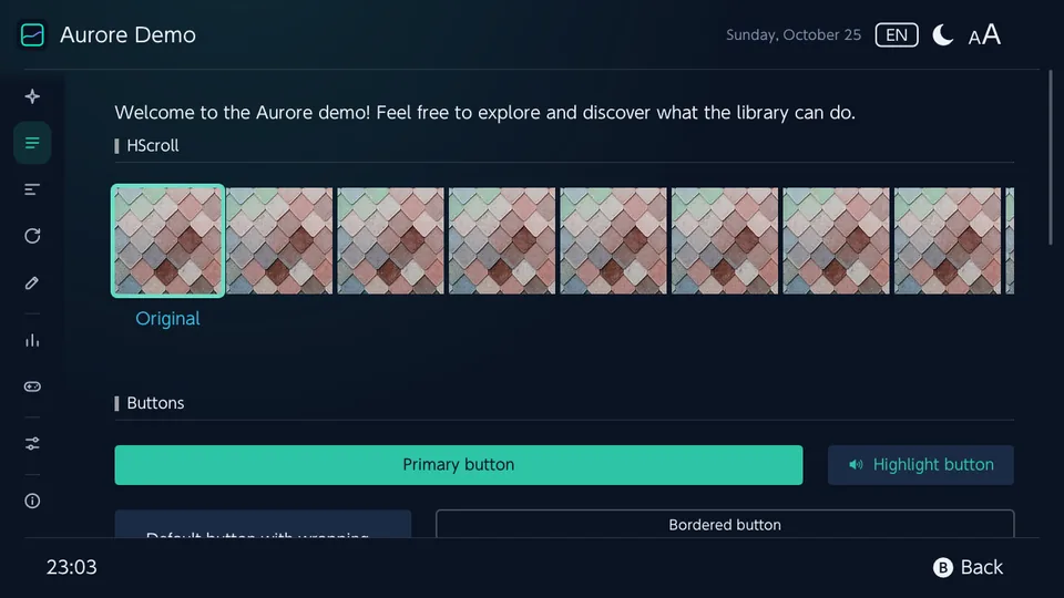 Aurore 的展示：一排圖片和函式庫的按鈕。